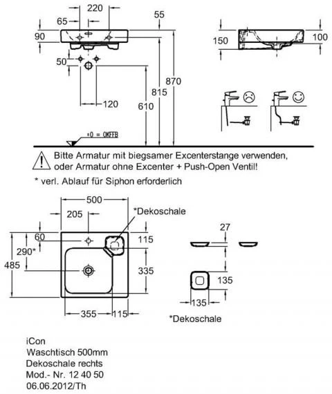 Раковина с отверстием под смеситель Keramag ICON 500x485 см с декоративной мыльницей справа
