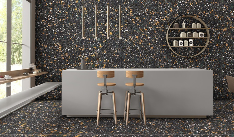 Универсальная плитка (керамогранит) Ennface Terrazzo Black Matt 160x80 см