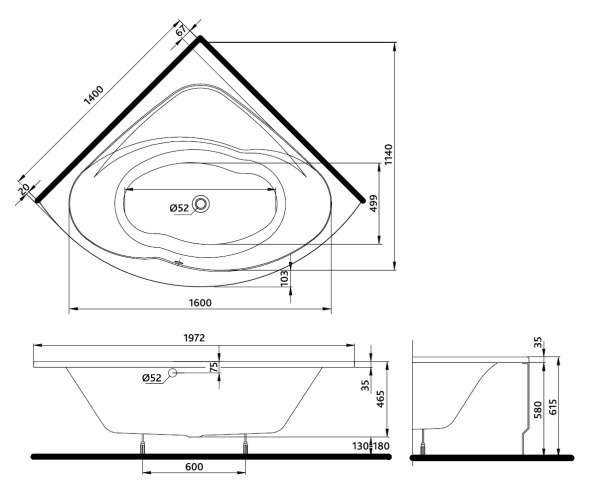 Ванна угловая Kolo Inspiration 140х140 в комплекте с ножками 